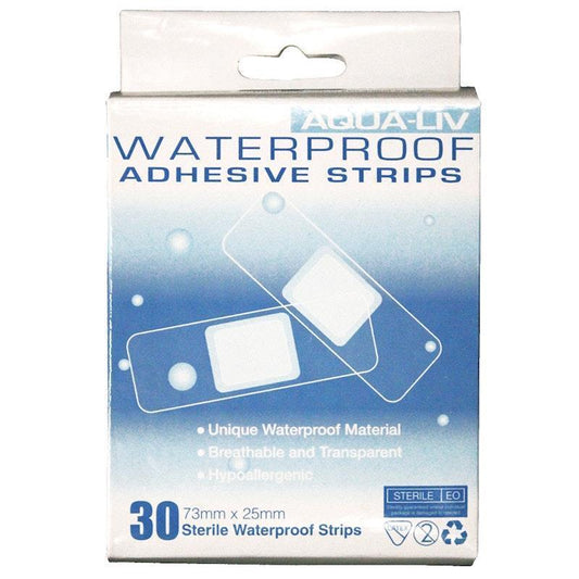 Livingstone Aqua-Liv Waterproof First Aid Adhesive Strips with Pad - Sterile, 7.3 x 2.5cm, 30 Pieces/Box