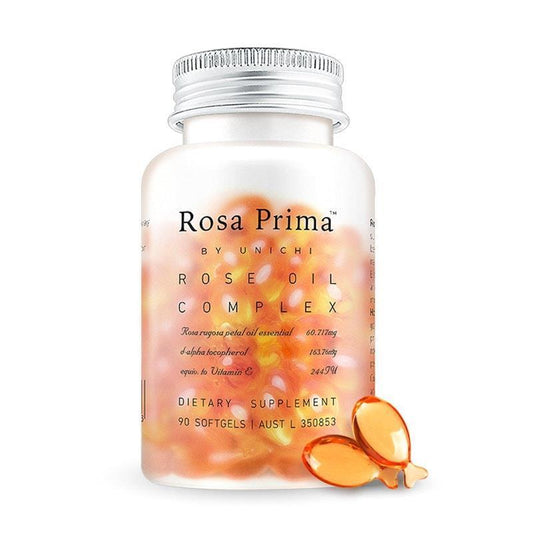 Unichi Rosa Prima Rose Oil Complex 90 Softgels - Natural Skin & Mood Enhancer