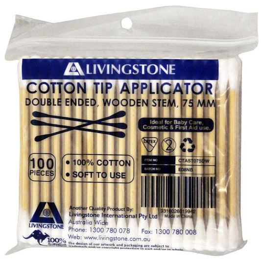 Livingstone Biodegradable Cotton Tip Applicators - Double Tipped, 7.5cm, 100 Pieces/Pack-Auzzi Store