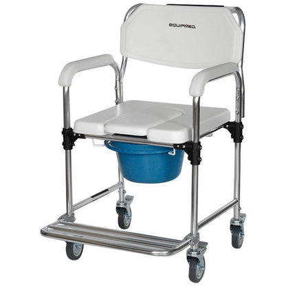 Equipmed Rolling Commode Shower Chair with Wheels - White & Blue