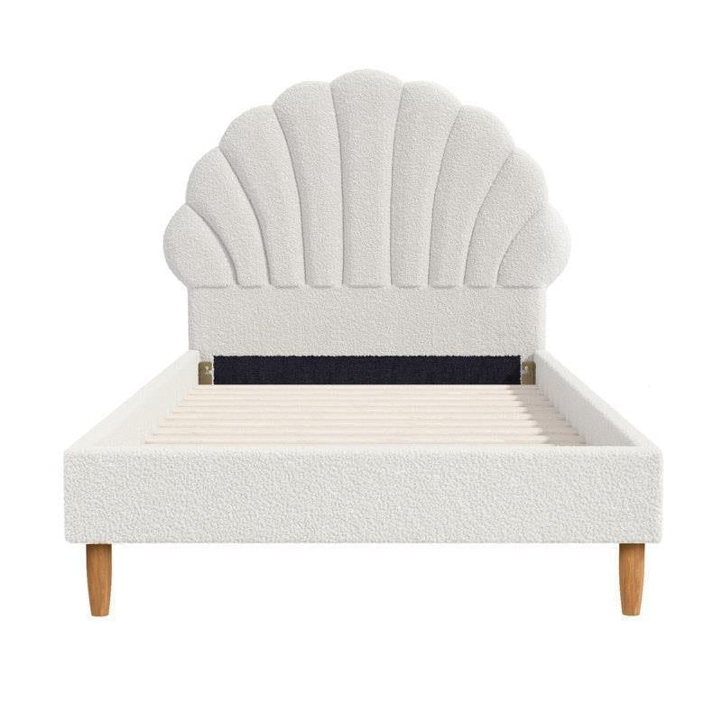 Oikiture Single Size Scallop-Shape Bed Frame with Boucle Upholstery - White-Auzzi Store