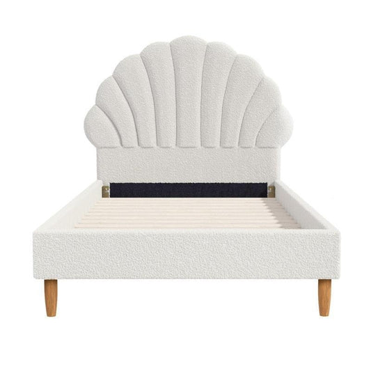 Oikiture Single Size Scallop-Shape Bed Frame with Boucle Upholstery - White-Auzzi Store