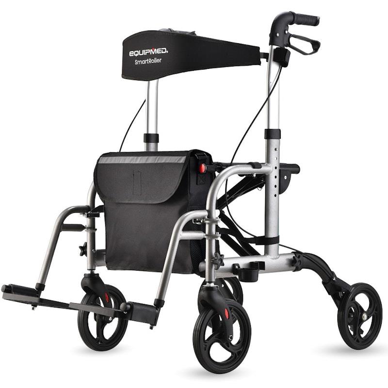 Equipmed SmartRoller 2-in-1 Foldable Aluminium Walking Frame Rollator - Silver