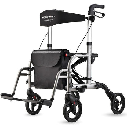 Equipmed SmartRoller 2-in-1 Foldable Aluminium Walking Frame Rollator - Silver