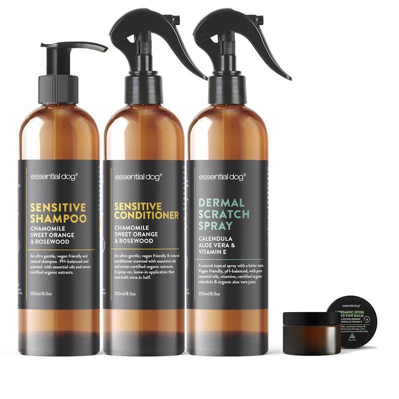 Essential Dog Sensitive Skin Care Pack - Shampoo, Conditioner, Balm & Dermal Scratch Spray 3x250ml, 1x50g