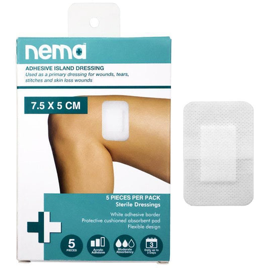 Nema Adhesive Island Dressing - Non-Adherent Sterile Pad 7.5 x 5cm (5 Pieces/Box)-Auzzi Store