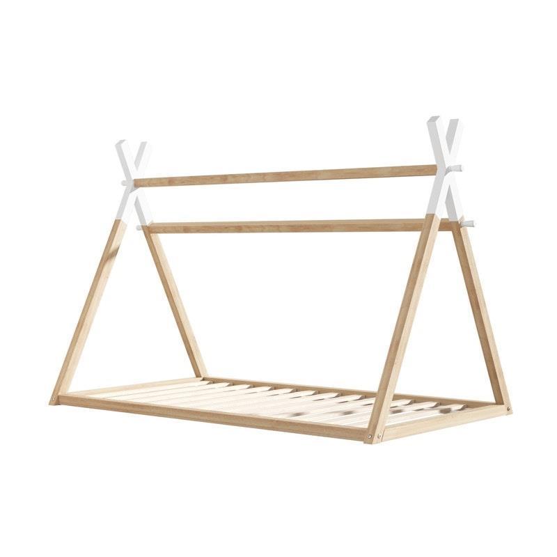 Oikiture Kids King Single Bed Frame - Wooden Timber Teepee House Design