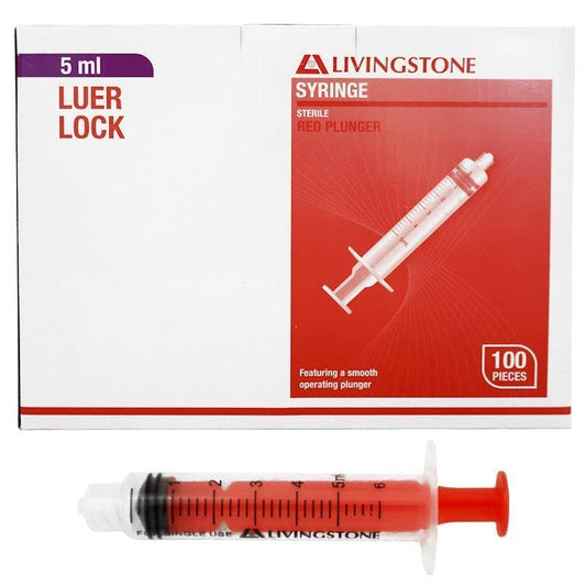 Livingstone Sterile Luer Lock Syringe with Red Plunger - 5ml, 100 Pieces/Box-Auzzi Store