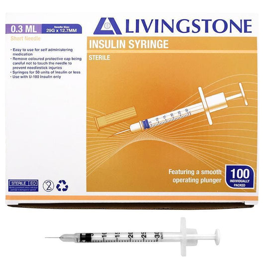 Livingstone Insulin Syringes - 0.3mL with White Plunger, 29 Gauge, 100 Pieces/Box-Auzzi Store