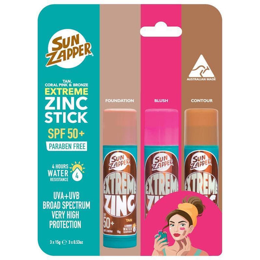 SUN ZAPPER Extreme Zinc Tan/Pink/Bronze SPF 50+ Stick - 3 Pack