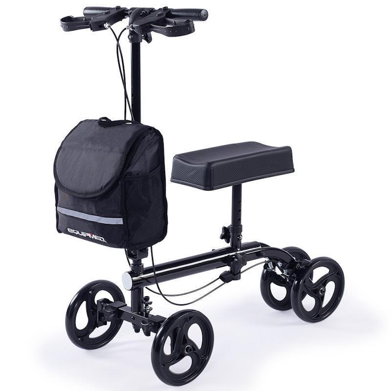 Equipmed Knee Scooter Walker with Dual Brakes & Bag - Black