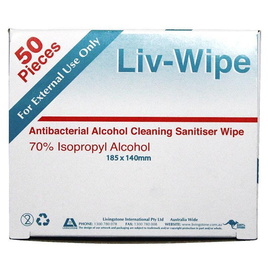 Liv-Wipe Antibacterial Cleaning Wipe - 70% Alcohol - 50 Pieces/Box