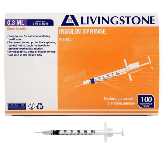 Livingstone 0.3mL Insulin Syringes with 31 Gauge Needle - 100 Sterile Pieces-Auzzi Store