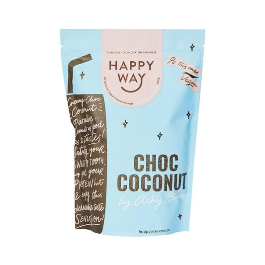 Happy Way Ashy Bines Choc Coconut Vegan Protein Powder 500g - Tropical Muscle Strength Enhancer