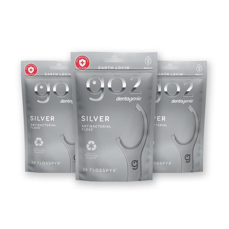 GO2 Dentagenie Silver Antibacterial Flosspyx - 36 Minty Flossers x 3