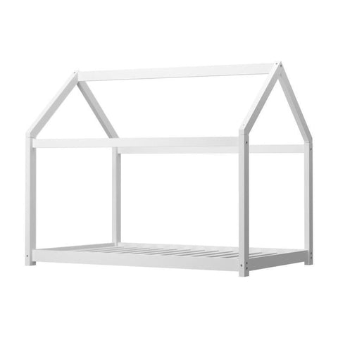 Oikiture Bed Frame - Single Wooden Timber House Style (White) - Auzzistore