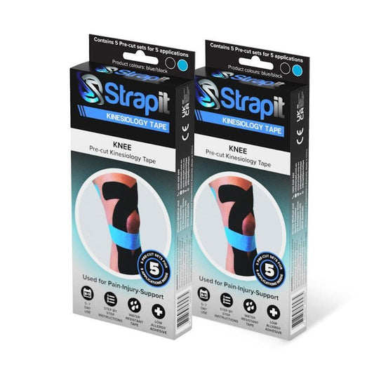 Strapit Knee Precut Kinesiology Tape - BLACK/BLUE - Box of 5 (2 Pack)