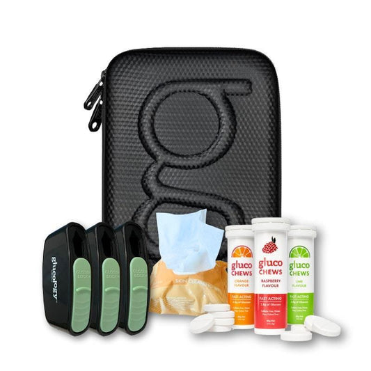 Glucology Black Plus Care Bundle: Medical Case, Fast Acting Glucochews, Sharps Bins & Wipes