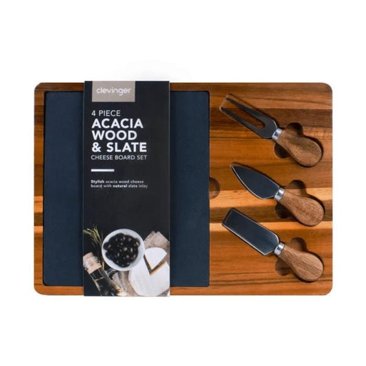 Clevinger 4-Piece Acacia Wood & Slate Cheese Board Set with Knives