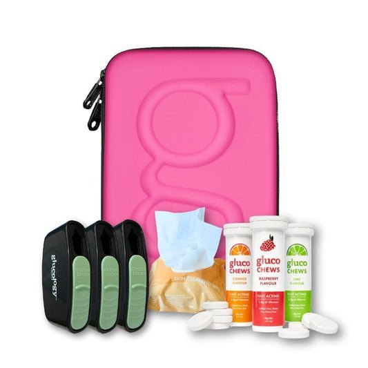 Glucology Pink Plus Care Bundle: Medical Case, Fast Acting Glucochews, Sharps Bins & Wipes