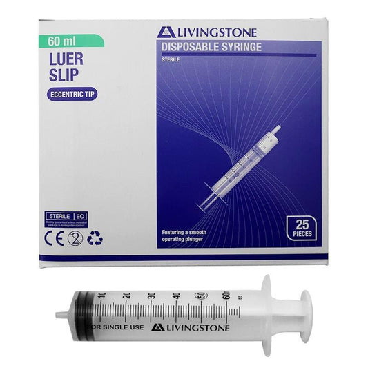 Livingstone 60ml Eccentric Off Centre Nozzle Luer Slip Syringe - 25 Pieces/Box