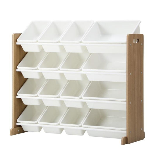 Oikiture Kids Storage Organizer - 16 Bins Display Shelf (White & Wooden)