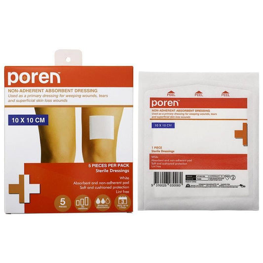 Poren Sterile Non-Adherent Absorbent Dressing - 10 x 10cm (5 Pack)
