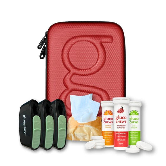 Glucology Care Bundle: Red Plus Case + 3 Fast Acting Glucochews + 3 Sharps Bins + 20 Alcohol-Free Wipes