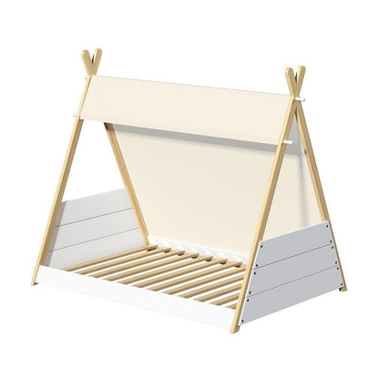 Oikiture Kids Canvas Teepee Bed Frame - Wooden Timber Platform for Imaginative Sleep