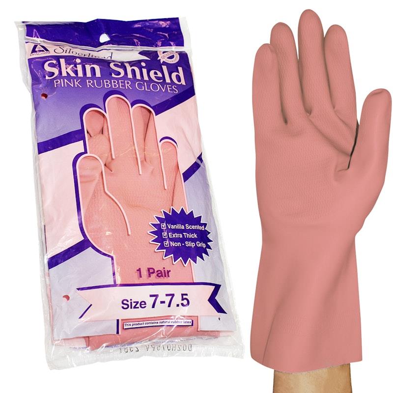 Skin Shield Silver Lined Natural Rubber Gloves - Vanilla Scented, Pink, Size 7-7.5