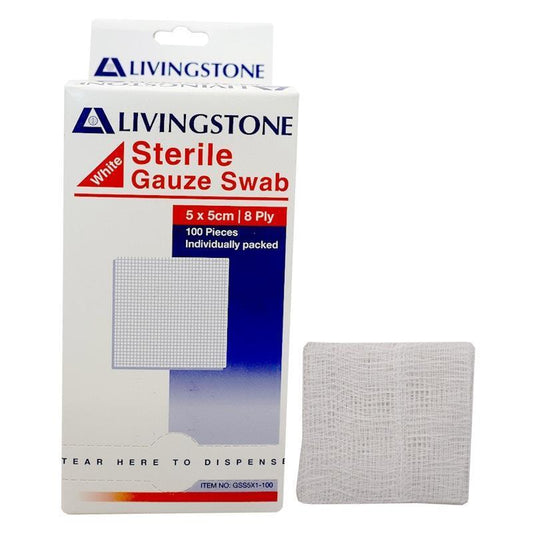 Livingstone Sterile Gauze Swabs 8 Ply Cotton 5x5cm - 100 Pieces/Box