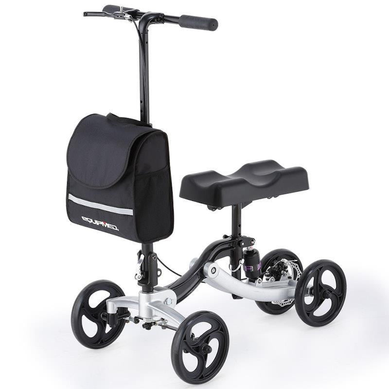 Equipmed Premium Knee Scooter Walker with Disc Brake & Suspension Bag - Silver