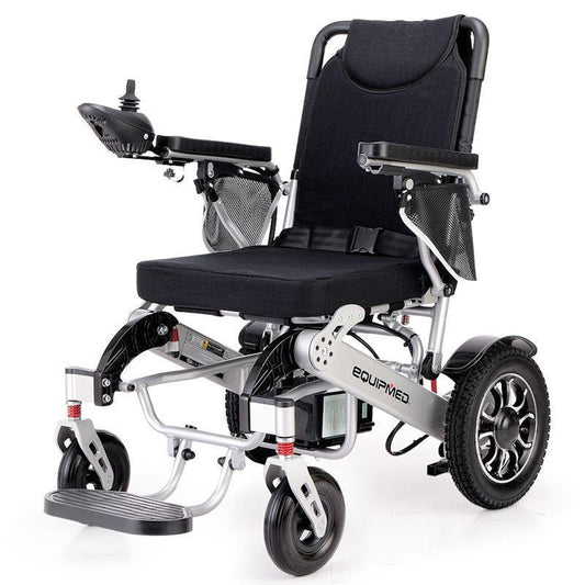 Equipmed Power Electric Wheelchair - Airline Approved, Lightweight, Folding, Long Range - Black & Silver
