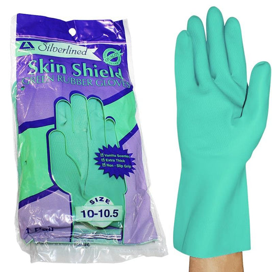 Skin Shield Silver Lined Natural Rubber Gloves - Vanilla Scented, Green, Size 10-10.5