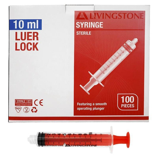Livingstone Sterile Luer Lock Syringe with Red Plunger - 10ml, 100 Pieces/Box-Auzzi Store