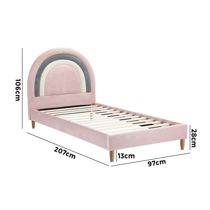 Oikiture Rainbow Kids Bed Frame - Single Size Velvet Pink