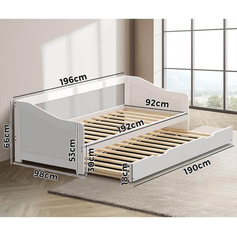 Oikiture Trundle Bed Frame - Daybed Single Size Base Timber Wooden Beds x2 - White
