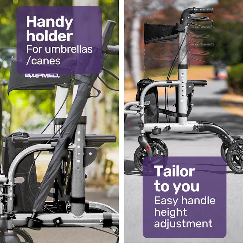 Equipmed SmartRoller 2-in-1 Foldable Aluminium Walking Frame Rollator - Silver