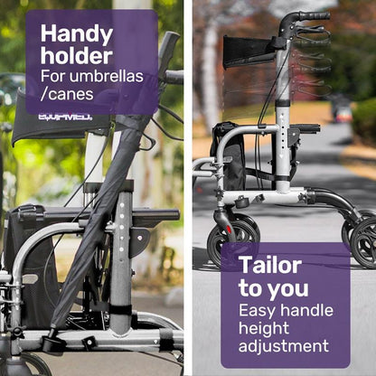 Equipmed SmartRoller 2-in-1 Foldable Aluminium Walking Frame Rollator - Silver