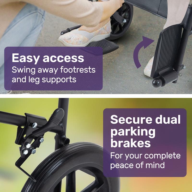 Equipmed Folding Transit Manual Wheelchair For S-XL Black - Comfort and Convenience