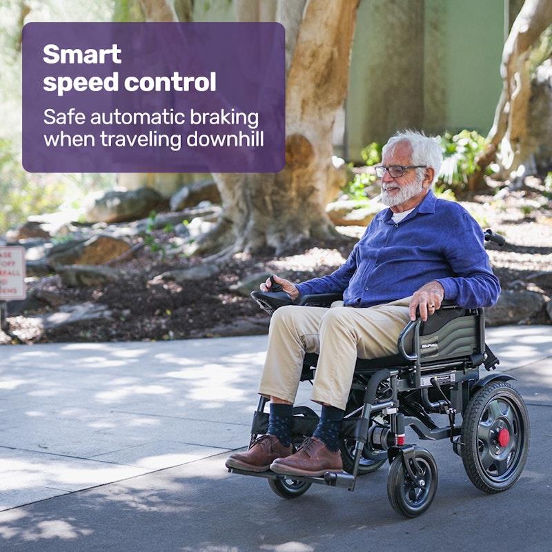 Equipmed Electric Folding Wheelchair - Wide Bariatric Seat, Comfortable for S-XL, Long Range Lithium Battery - Black