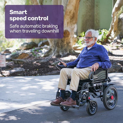 Equipmed Electric Folding Wheelchair - Wide Bariatric Seat, Comfortable for S-XL, Long Range Lithium Battery - Black