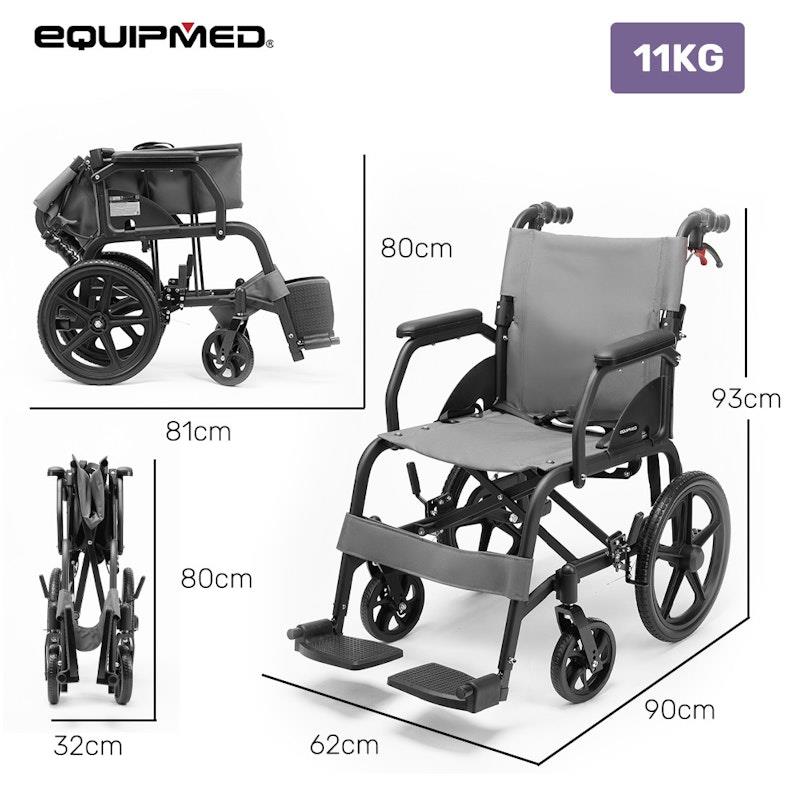 Equipmed Folding Transit Wheelchair Lightweight Grey - Smart Travel Companion
