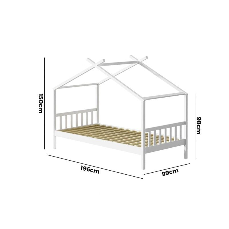 Oikiture Kids Bed Frame - Wooden Base Single Timber House Beds (White)