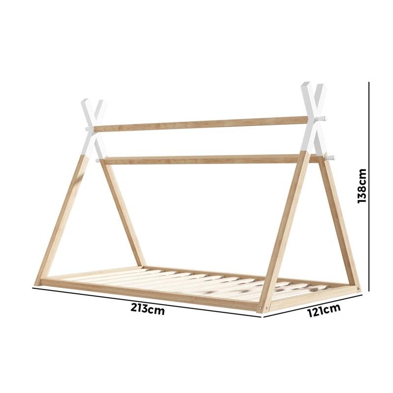 Oikiture Kids King Single Bed Frame - Wooden Timber Teepee House Design