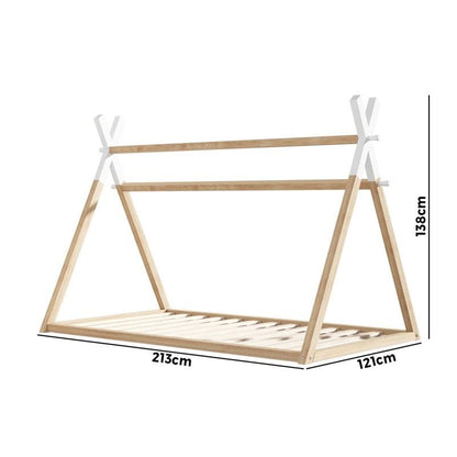 Oikiture Kids King Single Bed Frame - Wooden Timber Teepee House Design