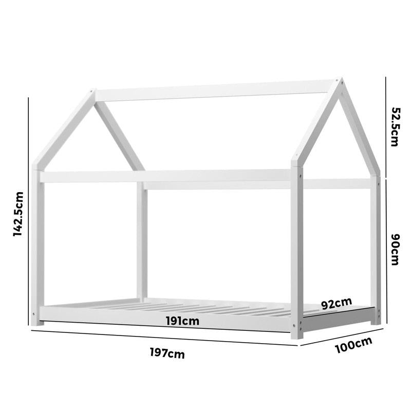 Oikiture Bed Frame - Single Wooden Timber House Style (White)