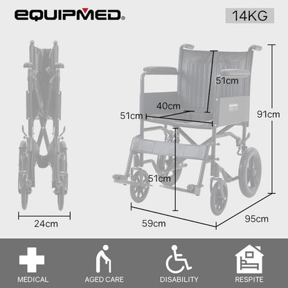 Equipmed Folding Transit Manual Wheelchair For S-XL Black - Comfort and Convenience