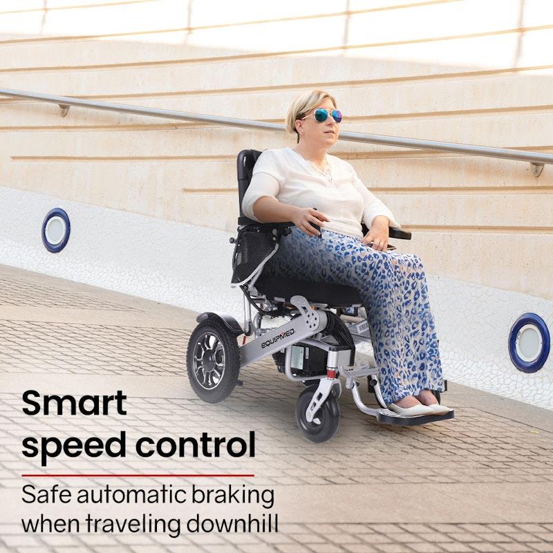 Equipmed Power Electric Wheelchair - Airline Approved, Lightweight, Folding, Long Range - Black & Silver
