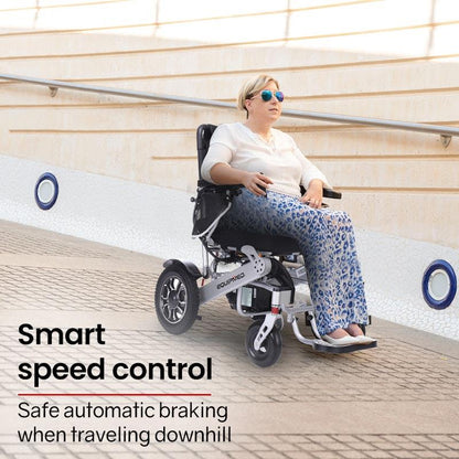 Equipmed Power Electric Wheelchair - Airline Approved, Lightweight, Folding, Long Range - Black & Silver